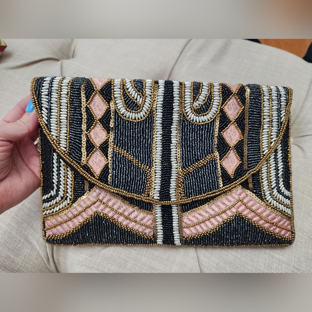 Art Deco Beaded Clutch in Black, Gold, and Pink